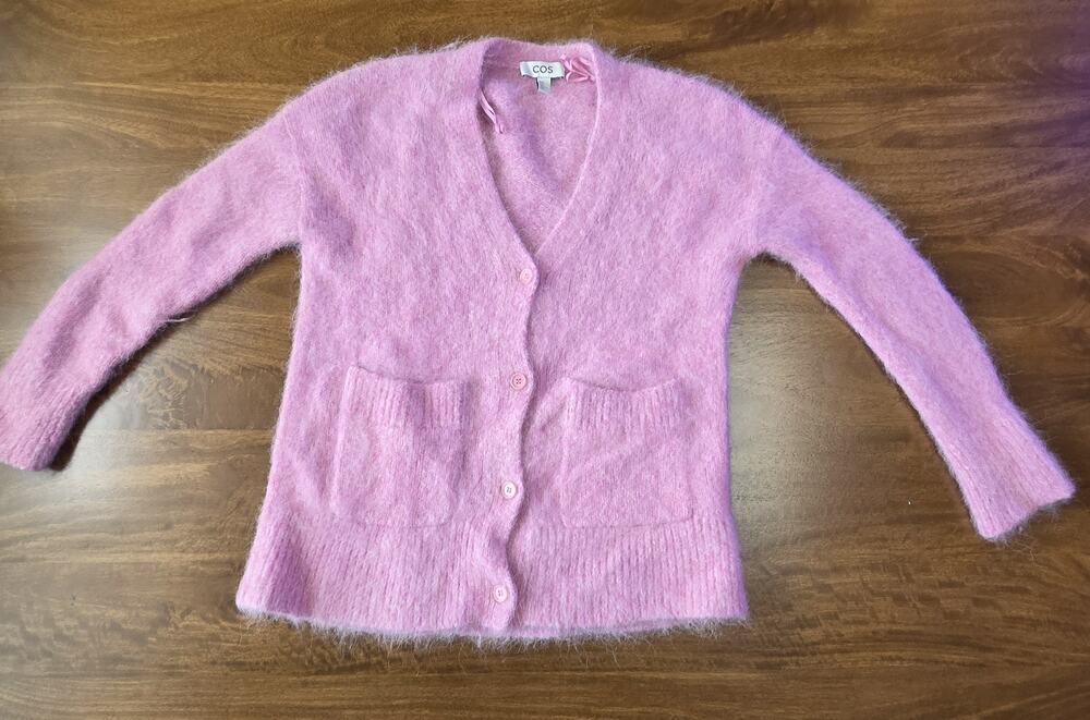 COS Pink Alpaca Wool Blend Cardigan Sweater Fuzzy Oversized V-Neck Pockets Size